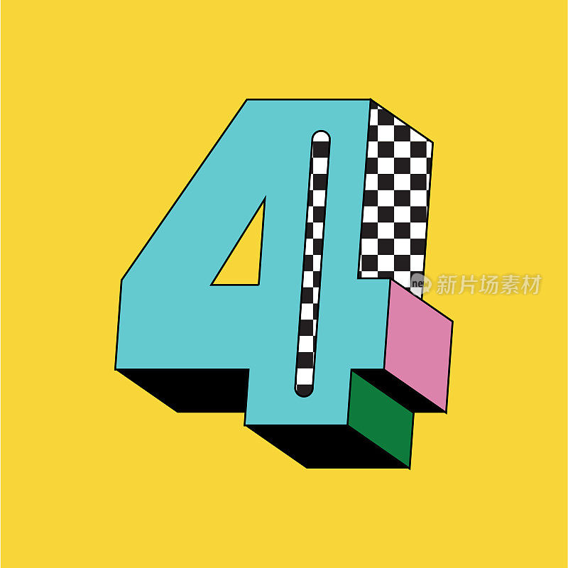 复古90年代的Y2K 3D字体设计数字4上的方形块的颜色